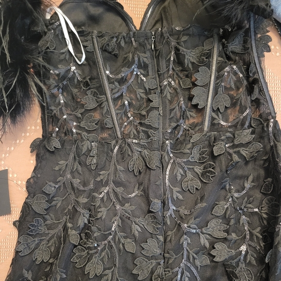 Midnight Sparkle Black Mesh Embroidered Feather Bustier Jumpsuit. - Picture 7 of 7